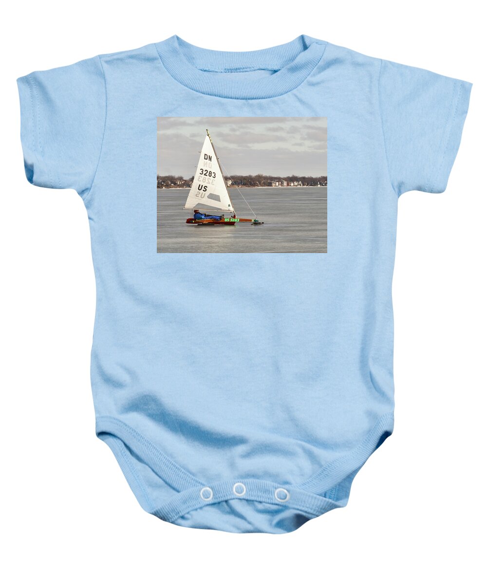 Ice Boat Baby Onesie featuring the photograph Ice Sailing - Madison, Wisconsin #3 by Steven Ralser