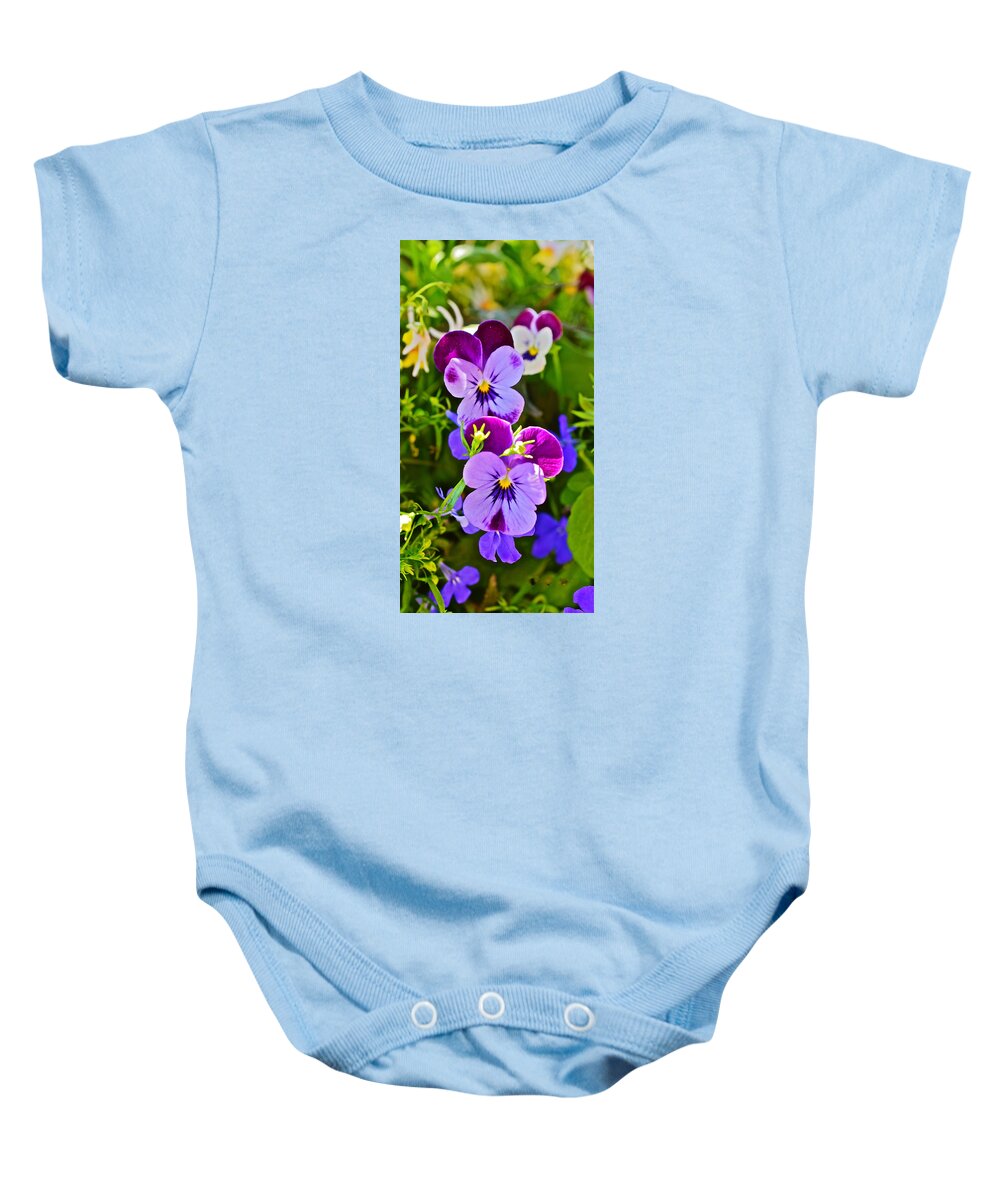 Pansies Baby Onesie featuring the photograph 2015 Summer's Eve at the Garden Pansy Totem by Janis Senungetuk