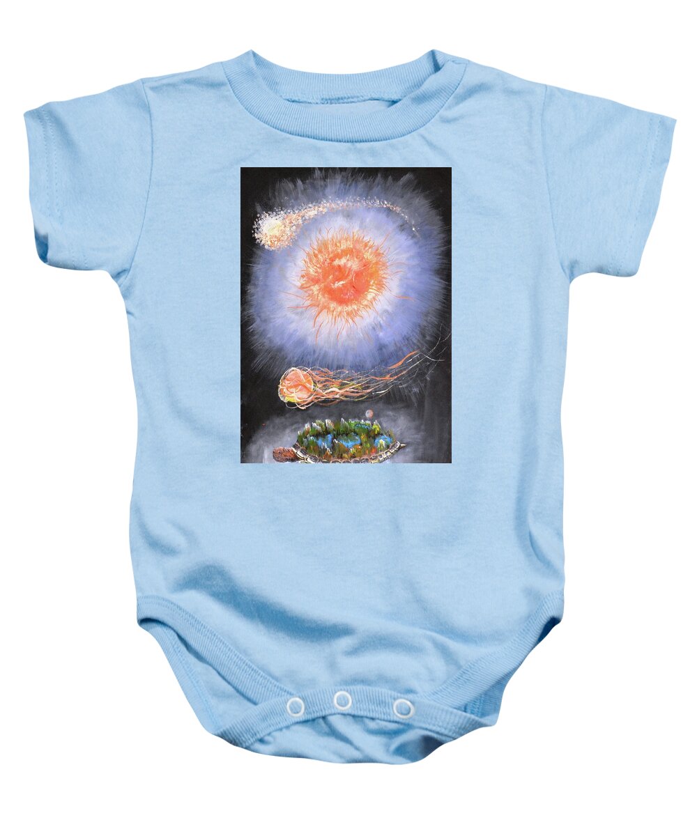 Turtle Baby Onesie featuring the painting A Turtle Wondering in Galaxy by Medea Ioseliani
