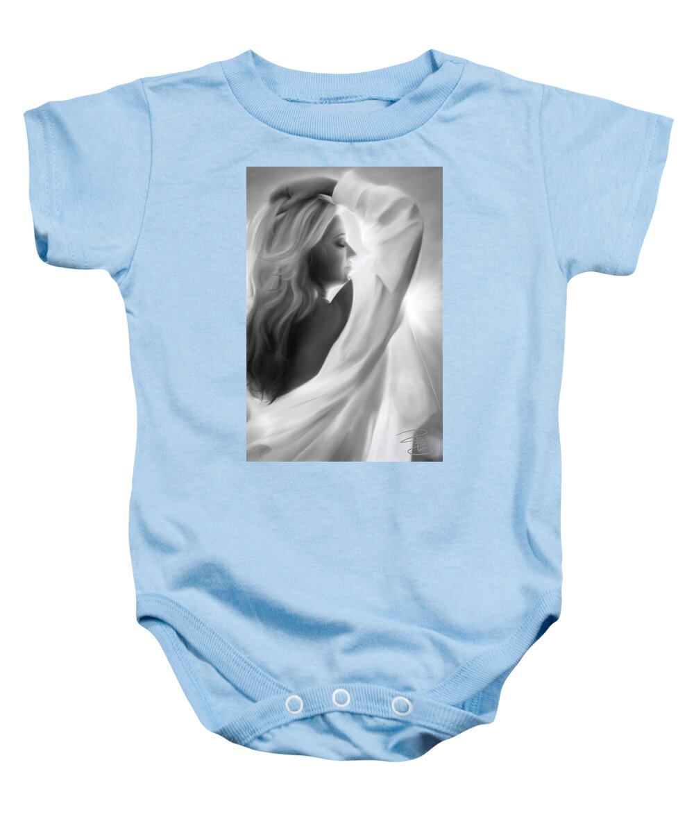 Attractive Baby Onesie featuring the digital art A woman in a man's shirt by Debra Baldwin