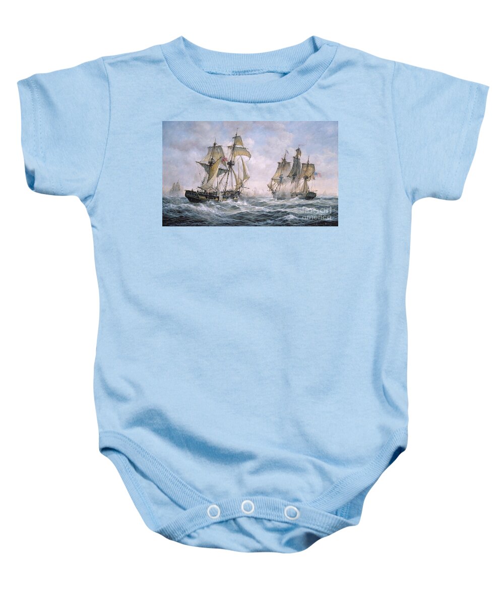 Seascape; Ships; Sail; Sailing; Ship; War; Battle; Battling; United States; Wasp; Brig Of War; Frolic; Sea; Water; Cloud; Clouds; Flag; Flags; Sloop; Action; Wave; Waves Baby Onesie featuring the painting Action Between U.S. Sloop-of-War 'Wasp' and H.M. Brig-of-War 'Frolic' by Richard Willis