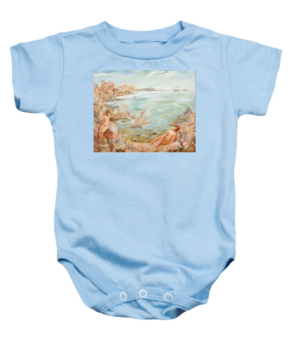Maya Gusarina Baby Onesie featuring the painting Adriatic Afternoon 1. Triptych by Maya Gusarina