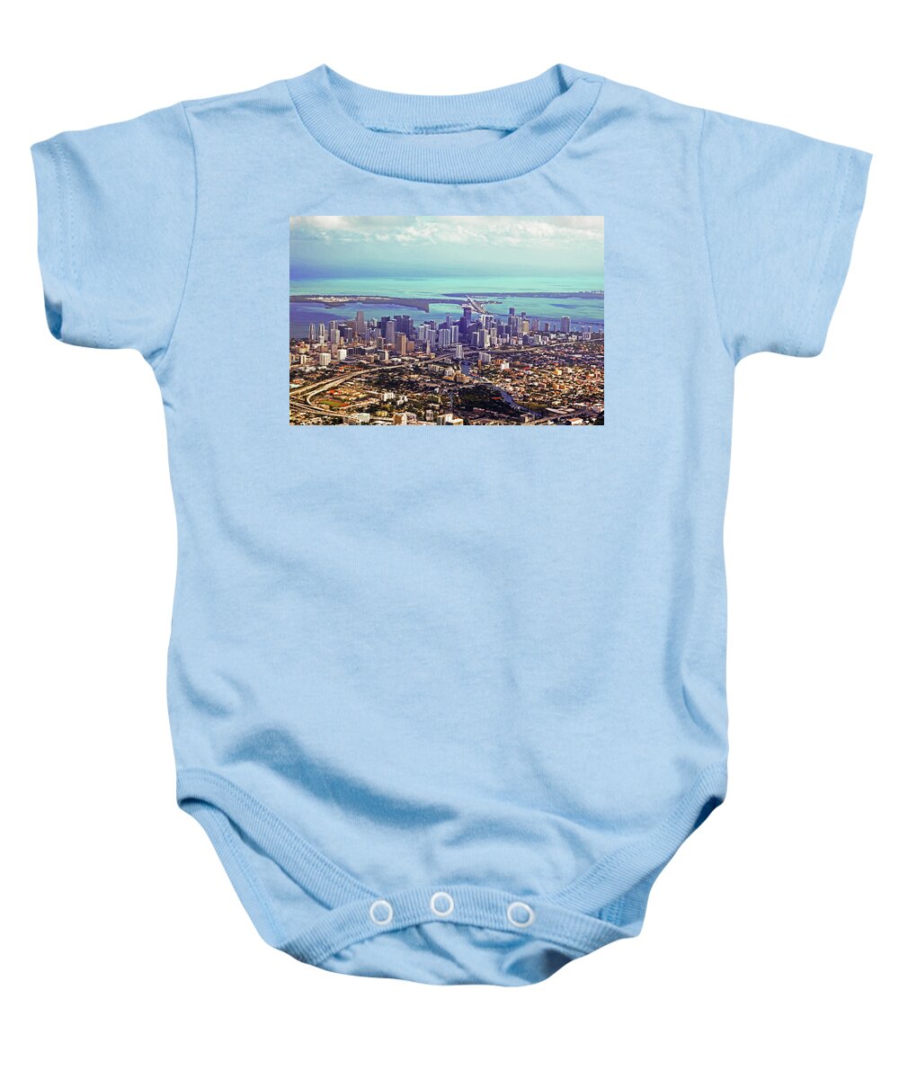 Miami Baby Onesie featuring the photograph Aerial of the Miami Skyline Miami Florida FL by Toby McGuire