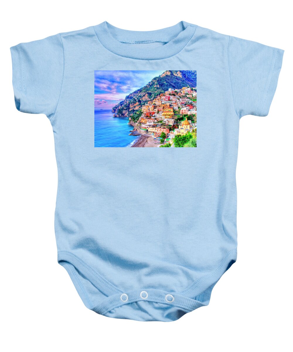 Amalfi Coast Baby Onesie featuring the painting Amalfi Coast at Positano by Dominic Piperata