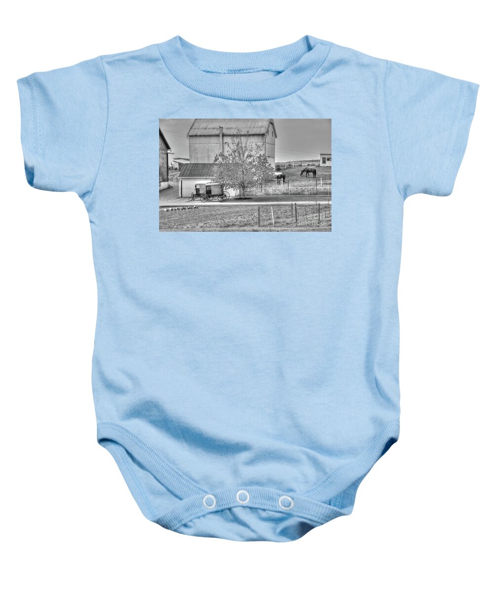 Country Baby Onesie featuring the photograph An Amish Farm in b/w by Dyle Warren