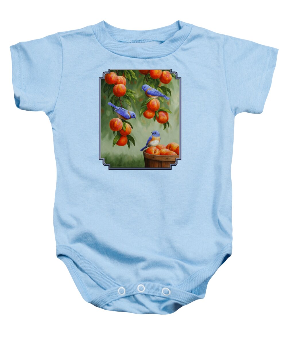 Birds Baby Onesie featuring the painting Bird Painting - Bluebirds and Peaches by Crista Forest