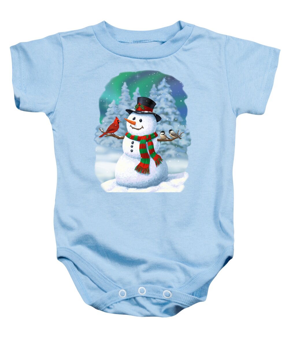Winter Wonderland Baby Onesie featuring the painting Sharing The Wonder - Christmas Snowman and Birds by Crista Forest