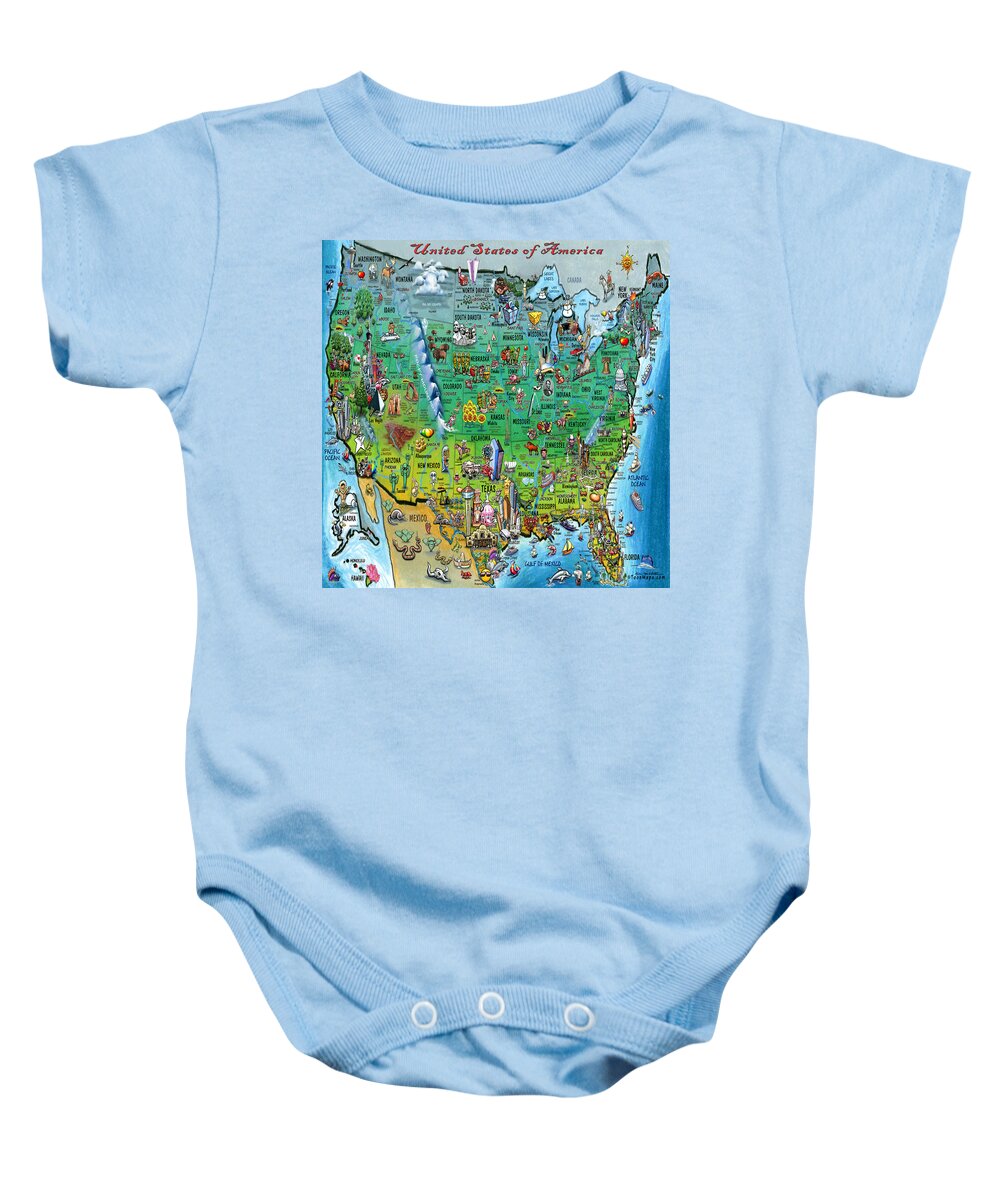 Usa Baby Onesie featuring the digital art United States of America Fun Map by Kevin Middleton
