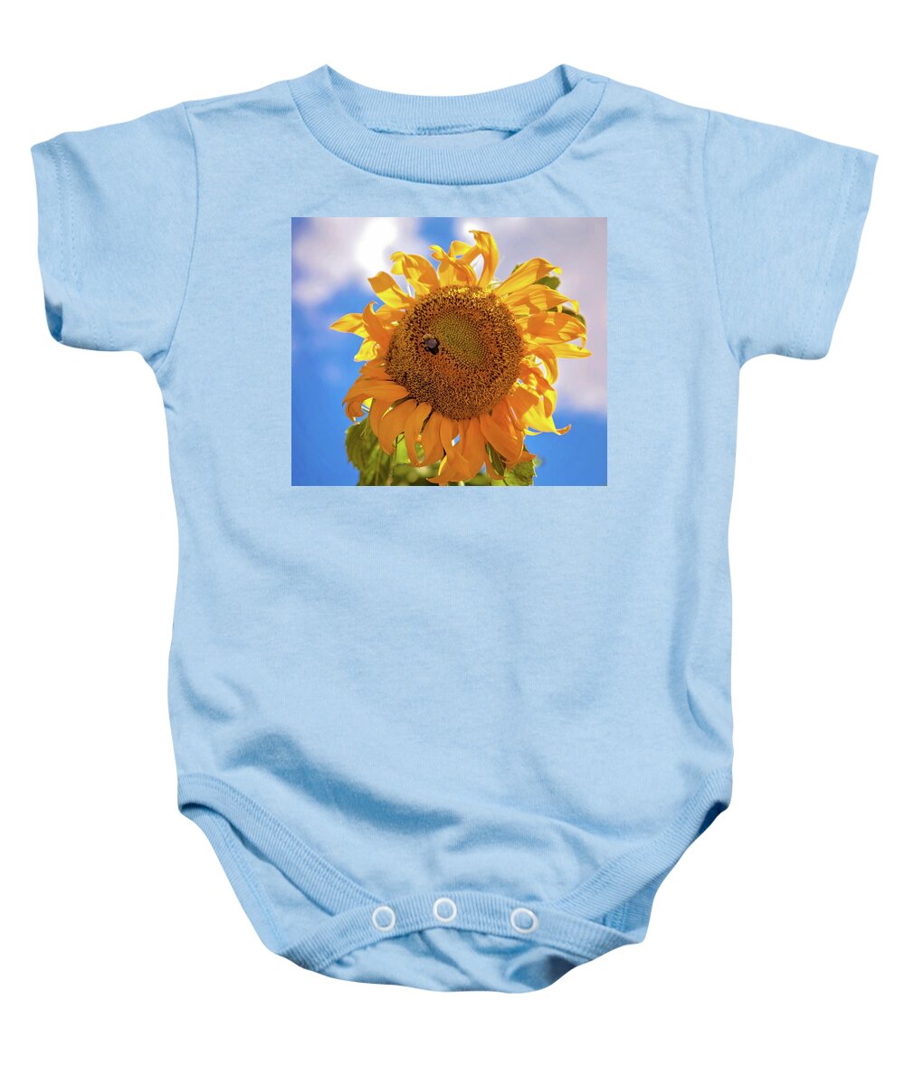 Sunflower Baby Onesie featuring the photograph Bee shaded by Sunflower by Toni Hopper
