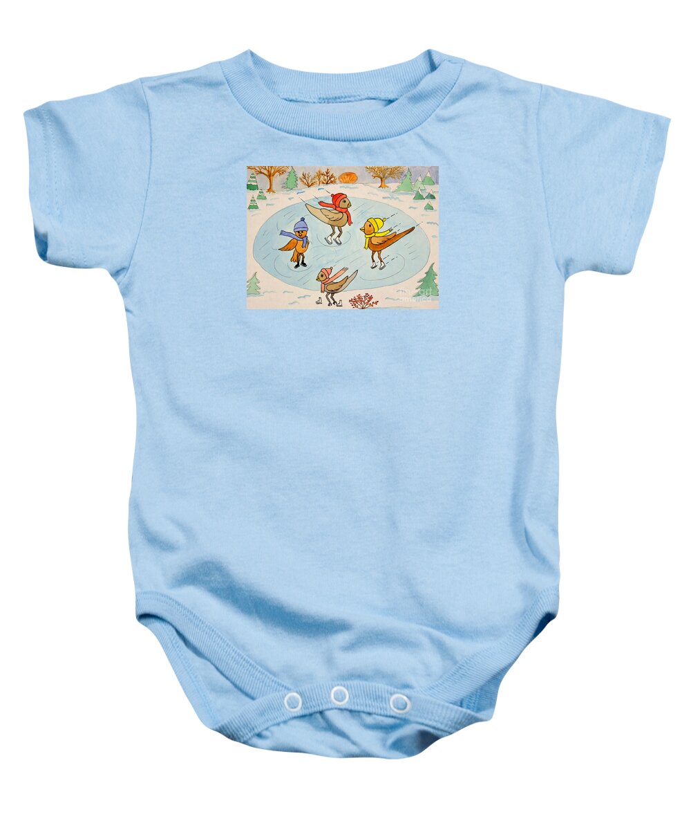 Winter Baby Onesie featuring the painting Birds on Ice by Norma Appleton