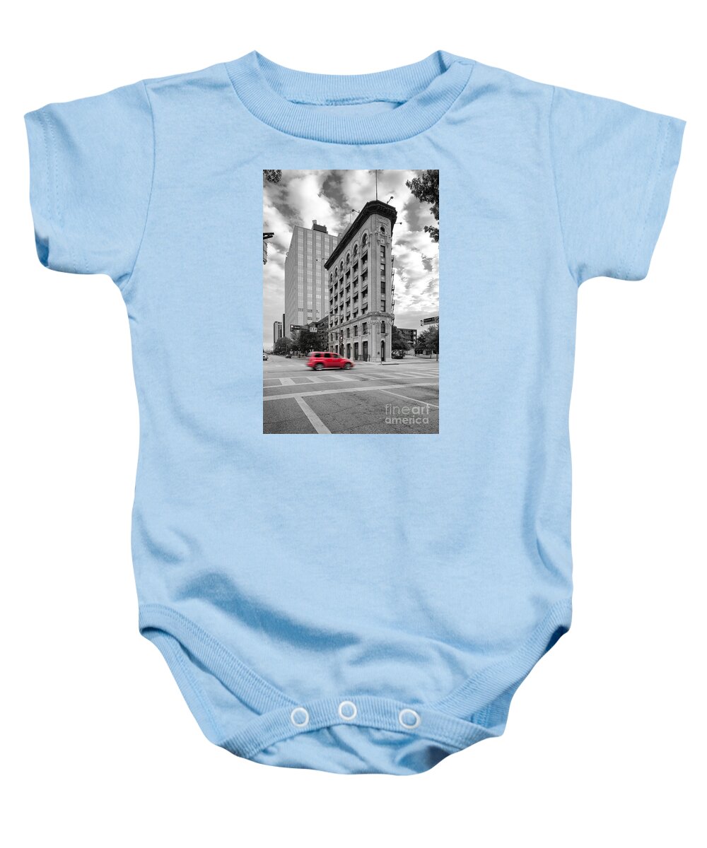 Downtown Baby Onesie featuring the photograph Black and White Photograph of the Flatiron Building in Downtown Fort Worth - Texas by Silvio Ligutti