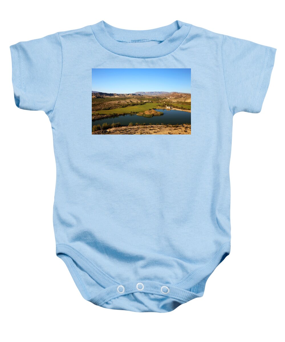Lajitas Baby Onesie featuring the photograph Black Jack's Crossing Golf Course The Pond by Judy Vincent