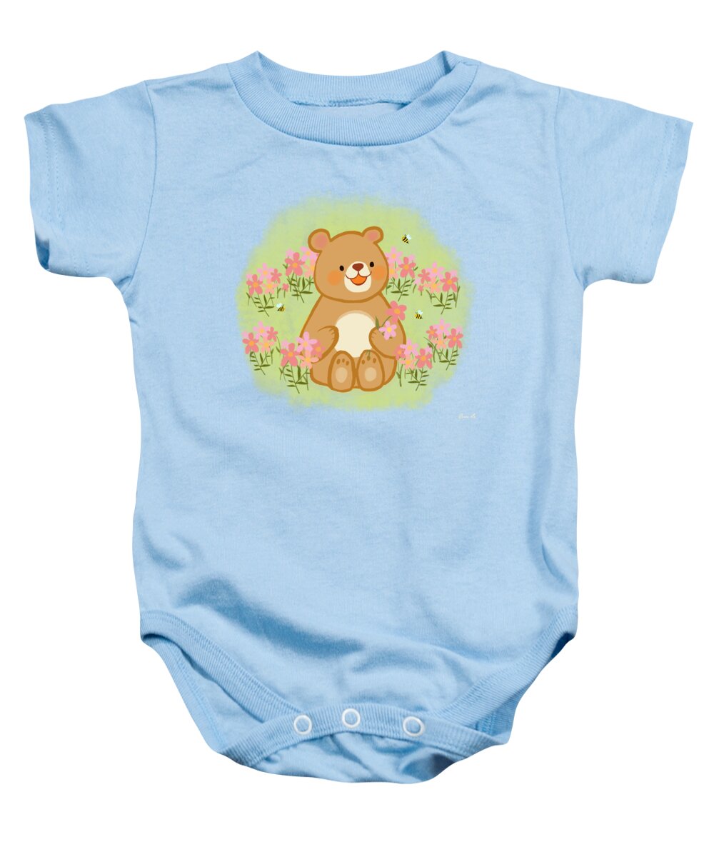 Cute Baby Onesie featuring the painting Blossoms Bees And A Bear by Little Bunny Sunshine