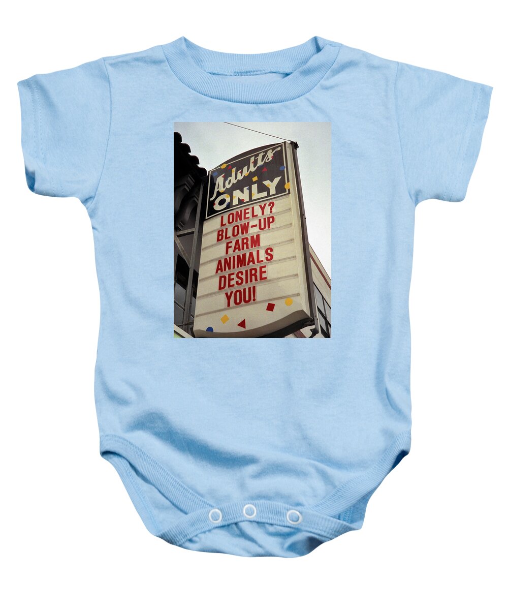 Color Baby Onesie featuring the photograph Blowup Farm Animals Sign by Frank DiMarco