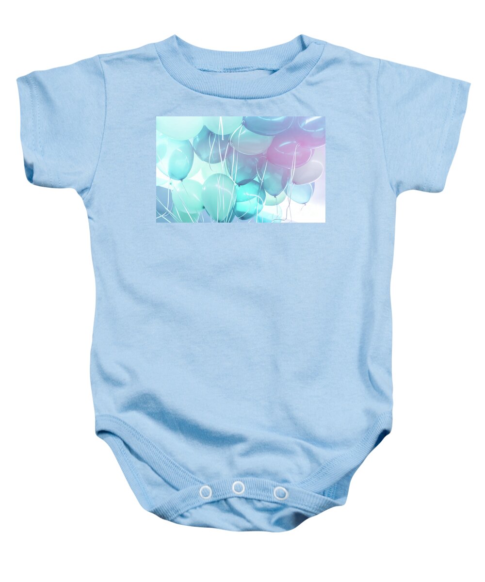 Abstract Baby Onesie featuring the photograph Blue balloons background by Anna Om