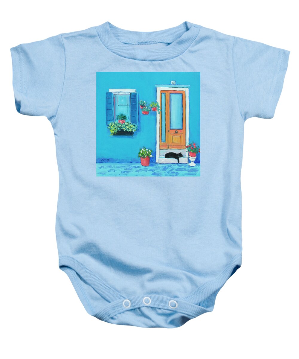 Burano Baby Onesie featuring the painting Blue House in Burano Venice by Jan Matson