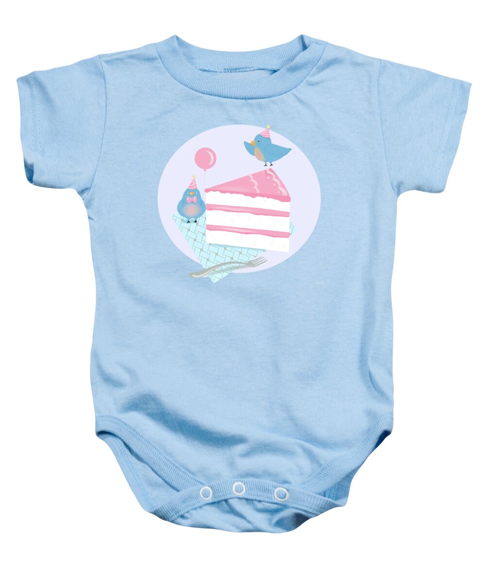 Bluebirds Baby Onesie featuring the painting Bluebirds LOVE Birthday Cake by Little Bunny Sunshine