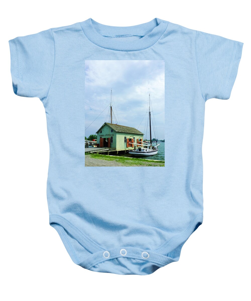 Boat Baby Onesie featuring the photograph Boat By Oyster Shack by Susan Savad