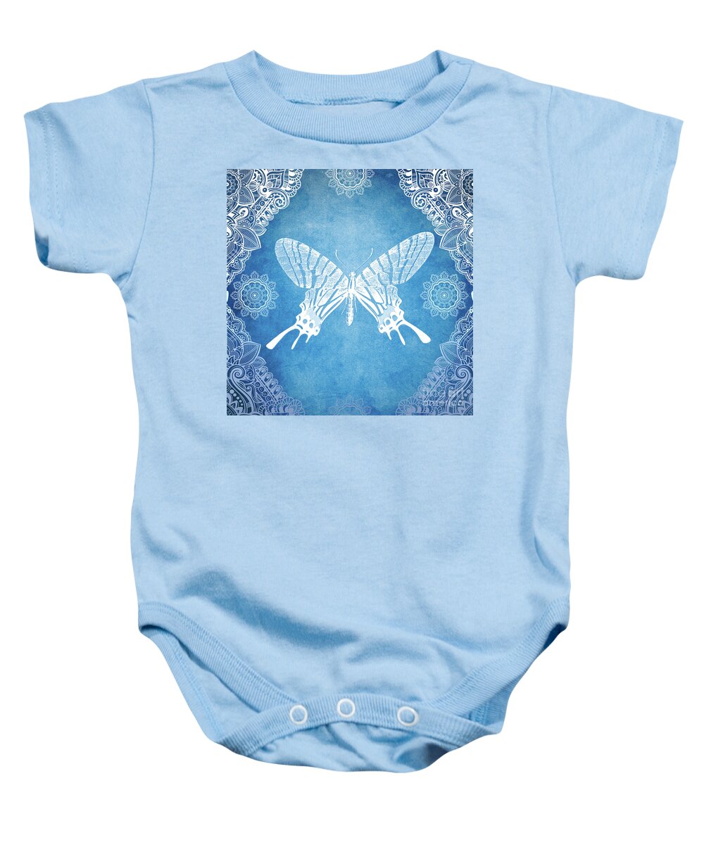 Bohemian Baby Onesie featuring the mixed media Bohemian Ornamental Butterfly Deep Blue Ombre illustration by Sharon Mau