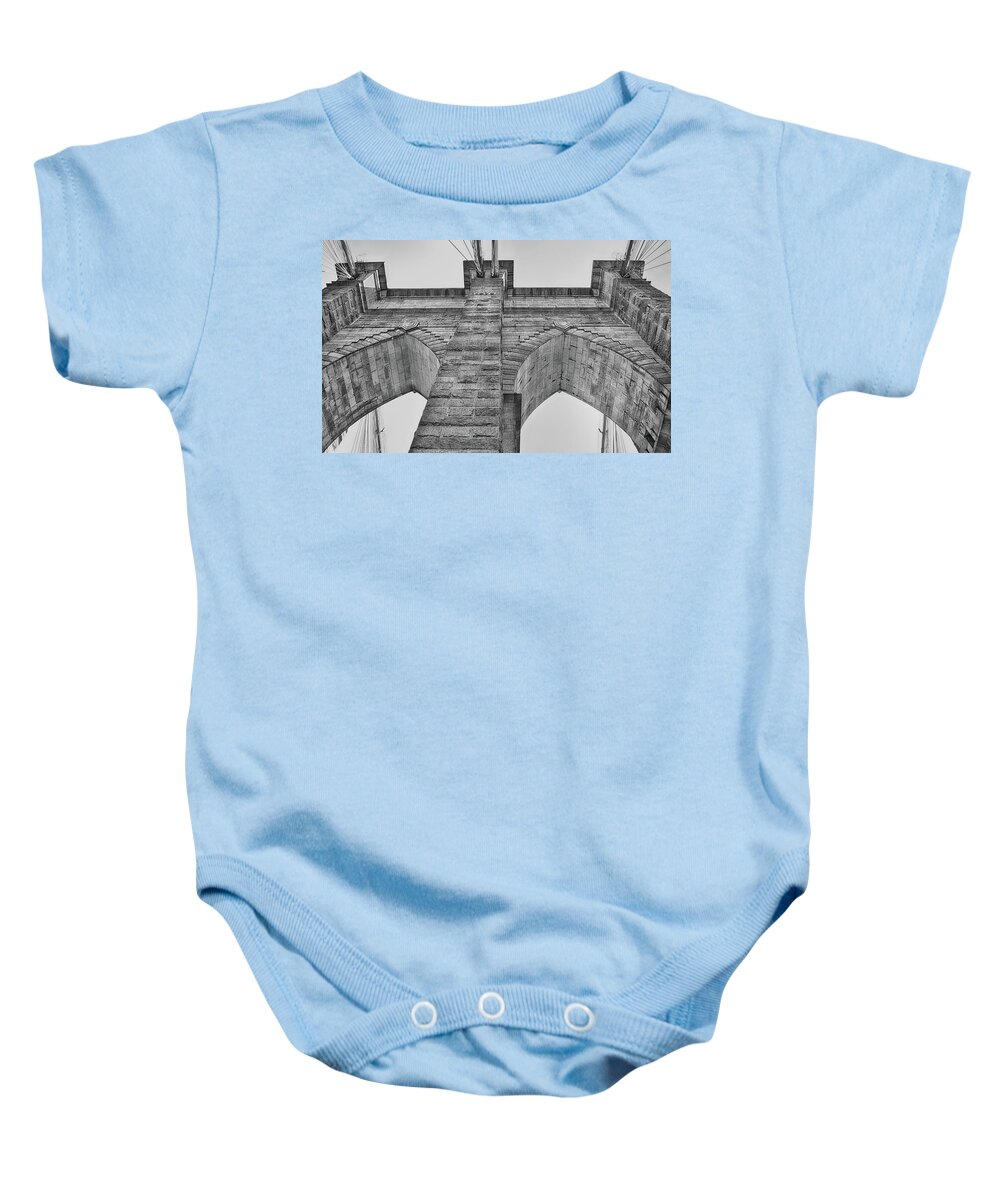 Brooklyn Bridge Baby Onesie featuring the photograph Brooklyn Bridge Tower b/w by Dyle Warren