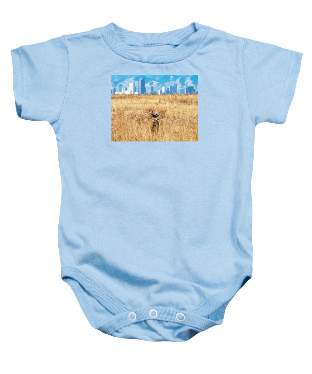 Rocky Mountain Arsenal National Wildlife Refuge Baby Onesie featuring the photograph Buck and the Denver Skyline by Mindy Musick King