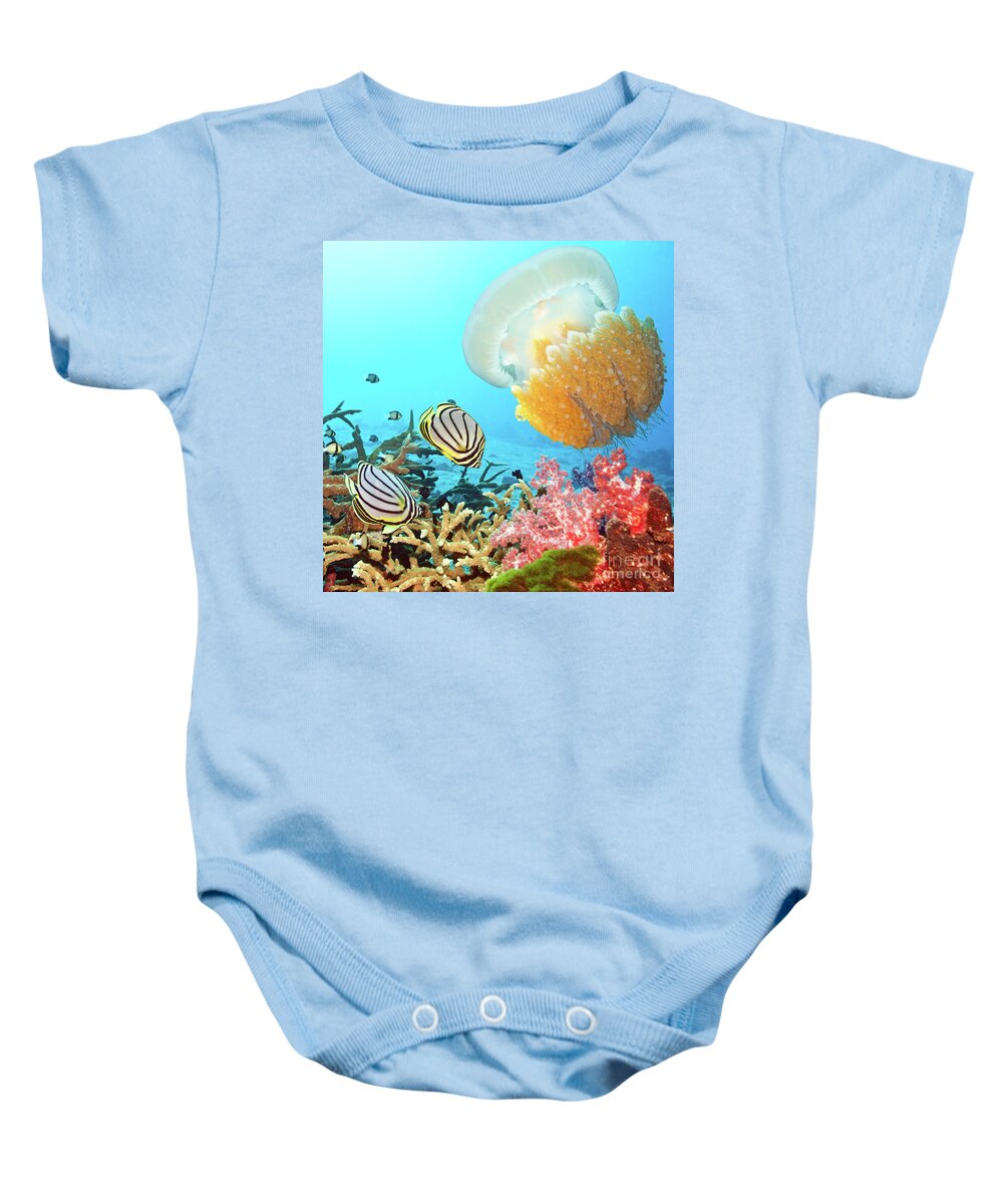 Butterflyfish Baby Onesie featuring the photograph Butterflyfishes and jellyfish by MotHaiBaPhoto Prints