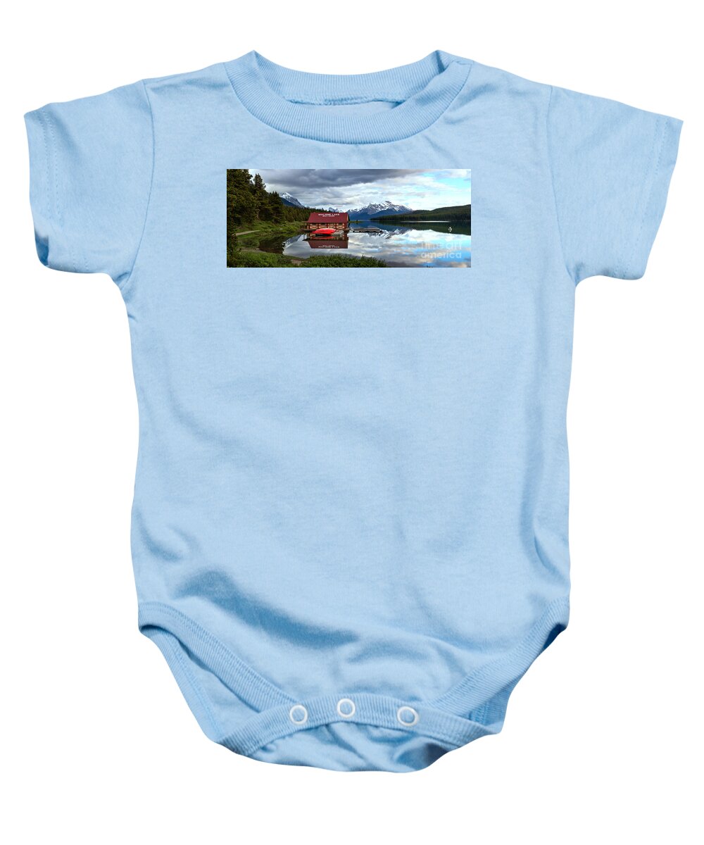 Maligne Lake Baby Onesie featuring the photograph Calm Afternoon Maligne Lake Panorama by Adam Jewell