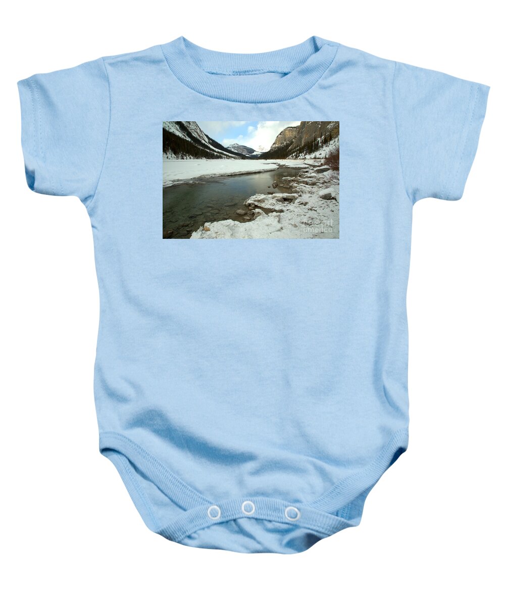 Rampart Creek Baby Onesie featuring the photograph Calm Water Along The Icefields Parkway by Adam Jewell