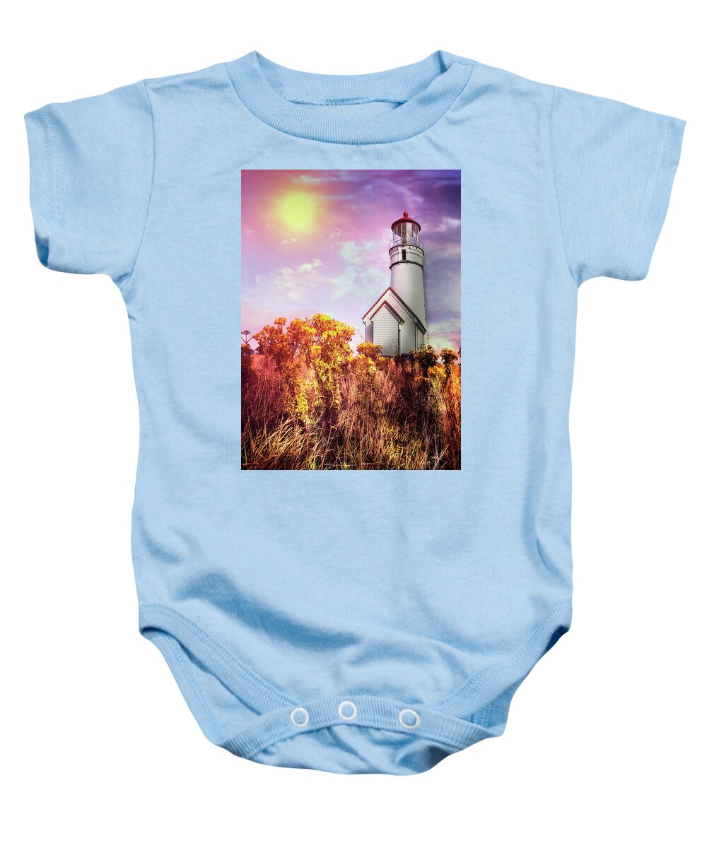 Clouds Baby Onesie featuring the photograph Cape Blanco Lighthouse in Oregon by Debra and Dave Vanderlaan