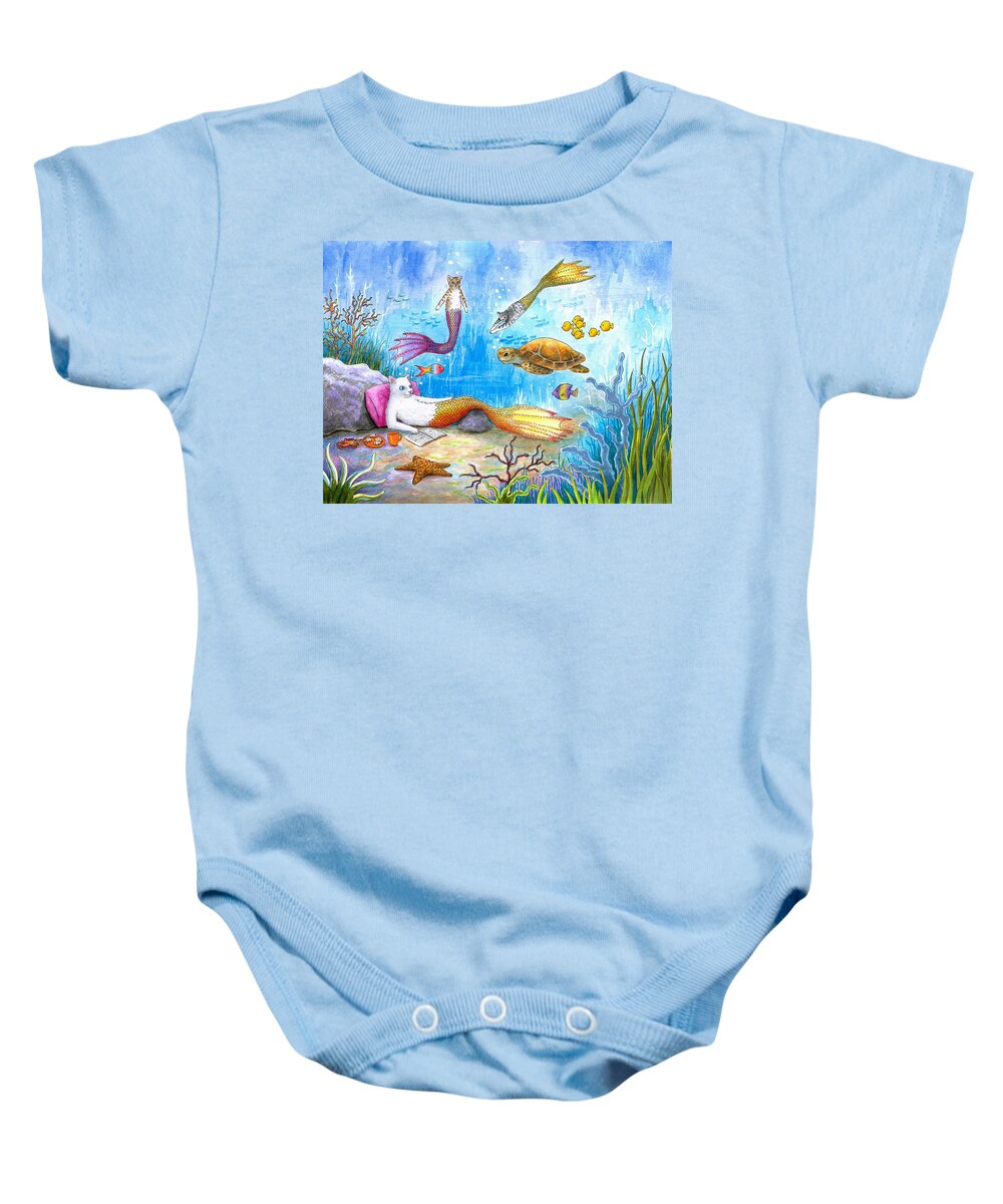 Cat Baby Onesie featuring the painting Cat Mermaid 31 by Lucie Dumas