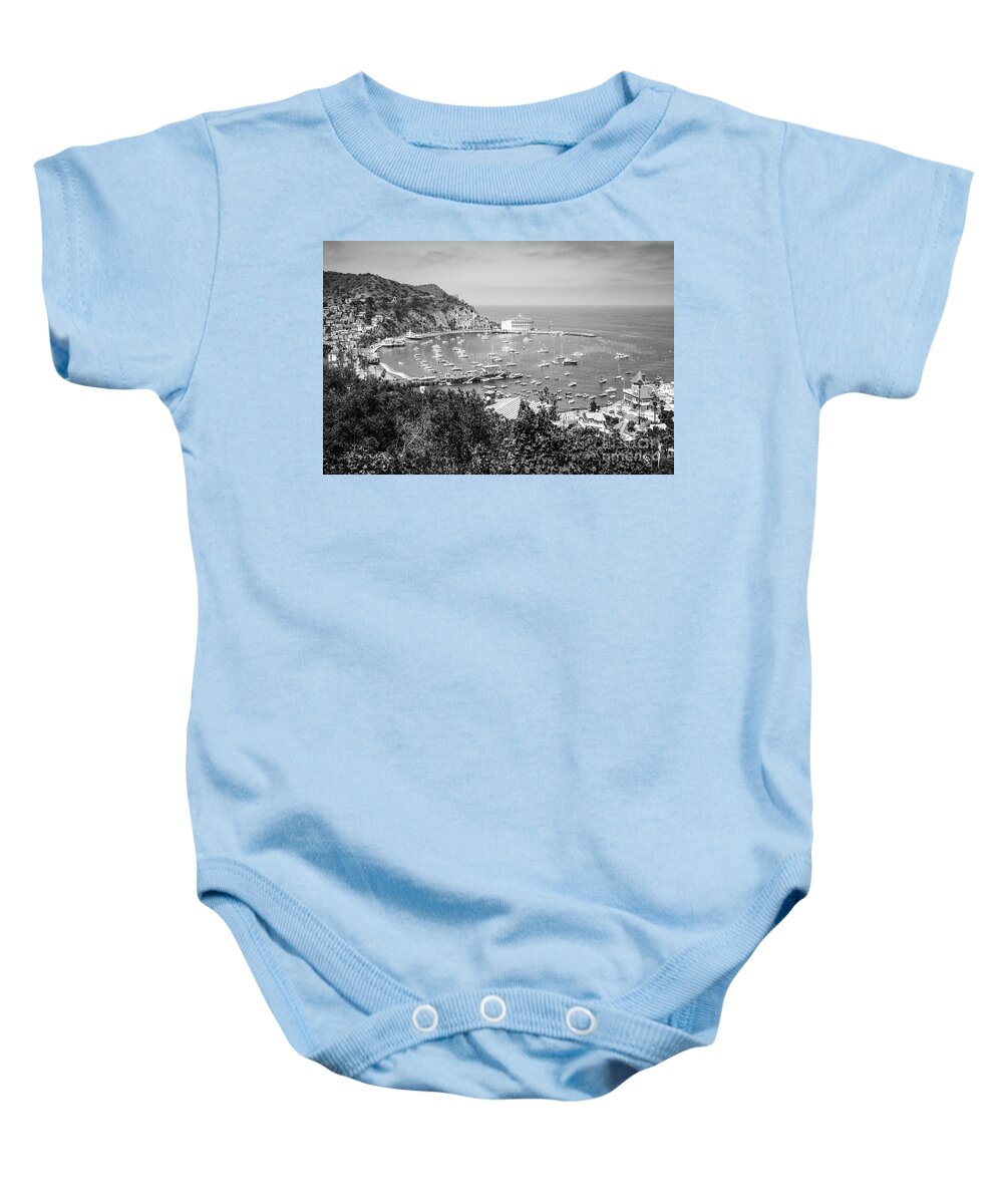 America Baby Onesie featuring the photograph Catalina Island Avalon Harbor Black and White Photo by Paul Velgos