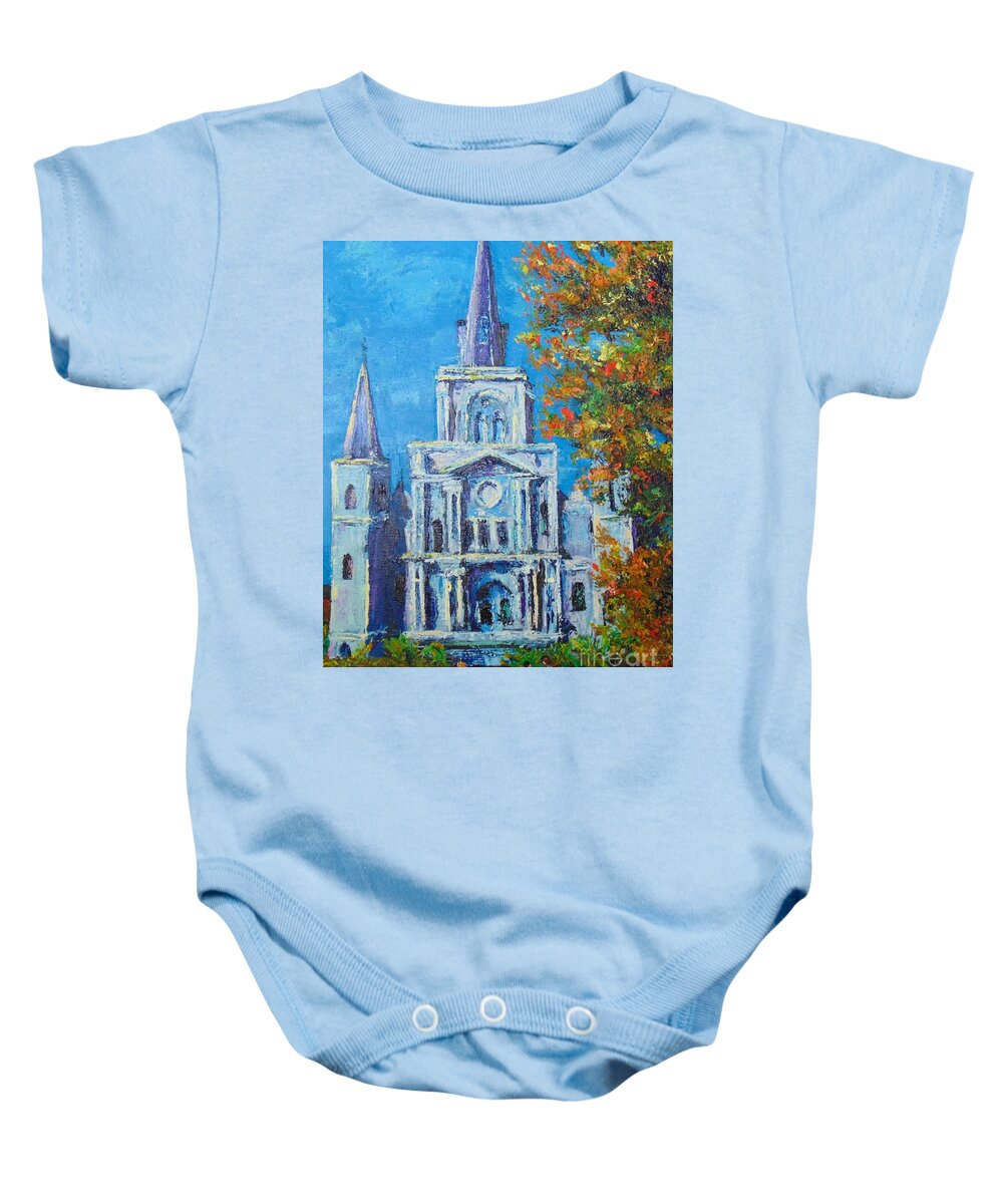 Cityscape Baby Onesie featuring the painting Cathedral in Autumn by Beverly Boulet