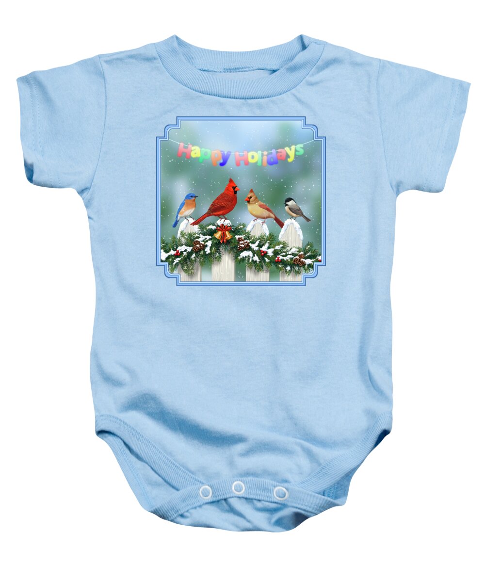 Birds Baby Onesie featuring the painting Christmas Birds and Garland by Crista Forest