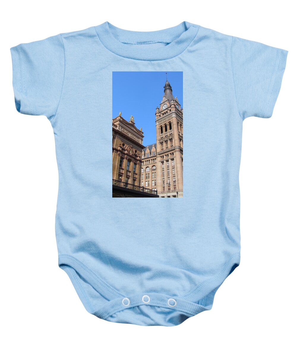 Milwaukee Baby Onesie featuring the photograph City Hall and Pabst Theater by Anita Burgermeister