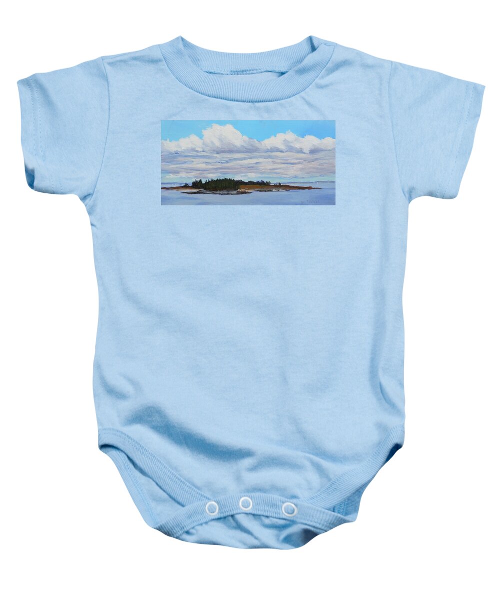 Plein Air Baby Onesie featuring the painting Clouds Over Richmond Island by Bill Tomsa