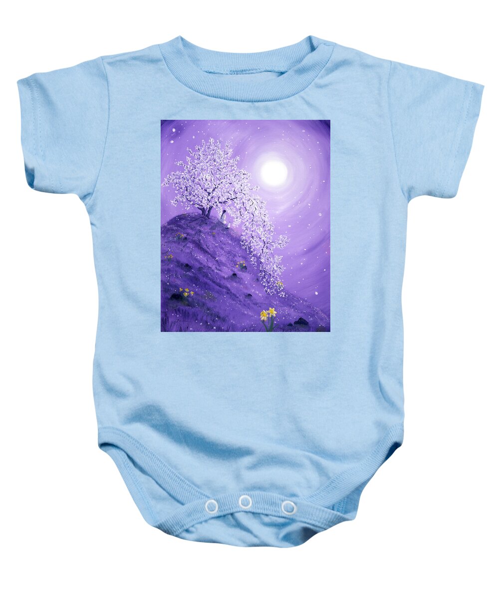 Zen Baby Onesie featuring the painting Daffodil Dawn Meditation by Laura Iverson