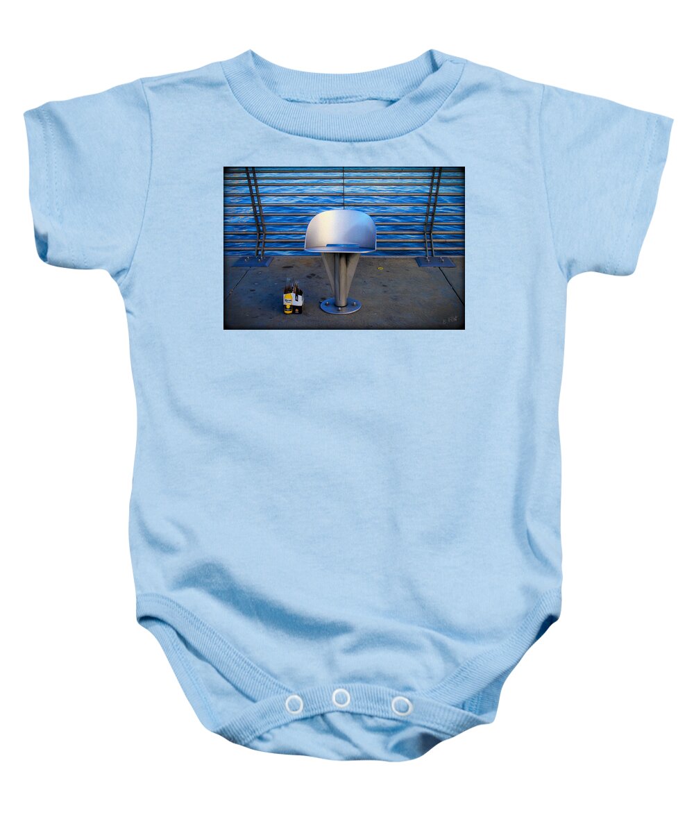 Bonnie Follett Baby Onesie featuring the photograph Dock of the Bay with Corona by Bonnie Follett