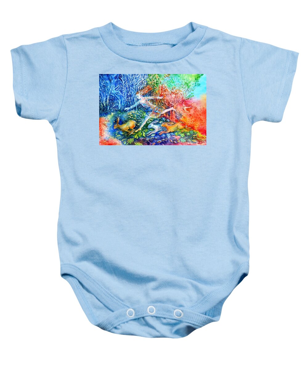 Dreaming Baby Onesie featuring the painting Dreaming with Hares by Trudi Doyle