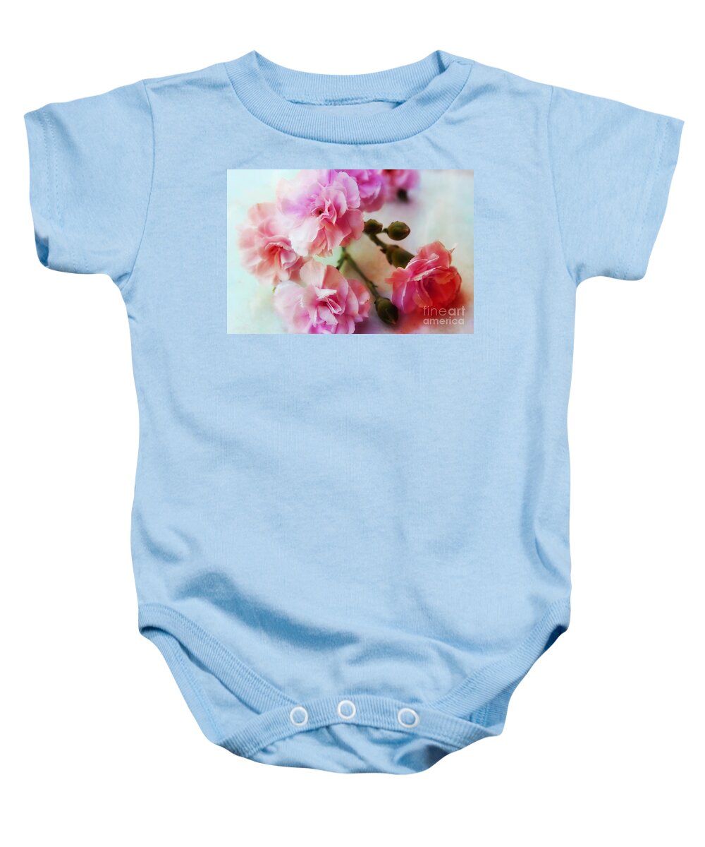 Pink Carnations Baby Onesie featuring the photograph Dreamy Carnations by Clare Bevan