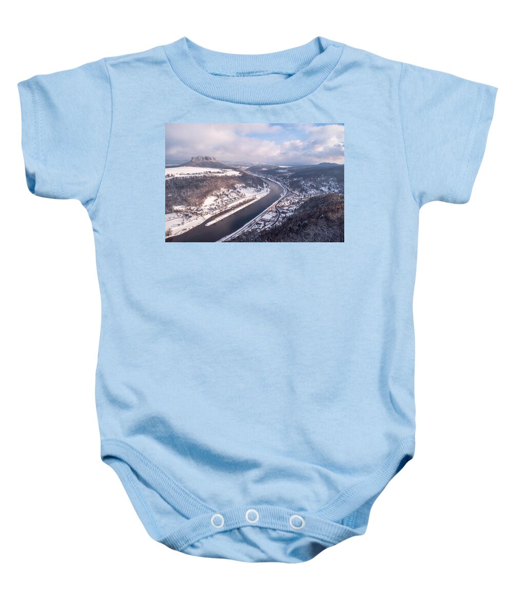 Saxony Baby Onesie featuring the photograph Elbe Valley with Mountain Pfaffenstein by Jenny Rainbow