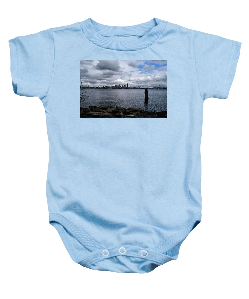 Elliott Bay Under Cloudy Skies Baby Onesie featuring the photograph Elliott Bay Under Cloudy Skies by Tom Cochran