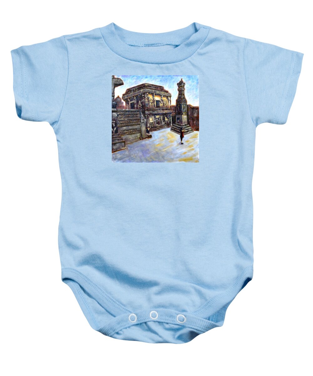 Ellora Caves Baby Onesie featuring the painting Ellora Caves - Kailash Temple by Uma Krishnamoorthy
