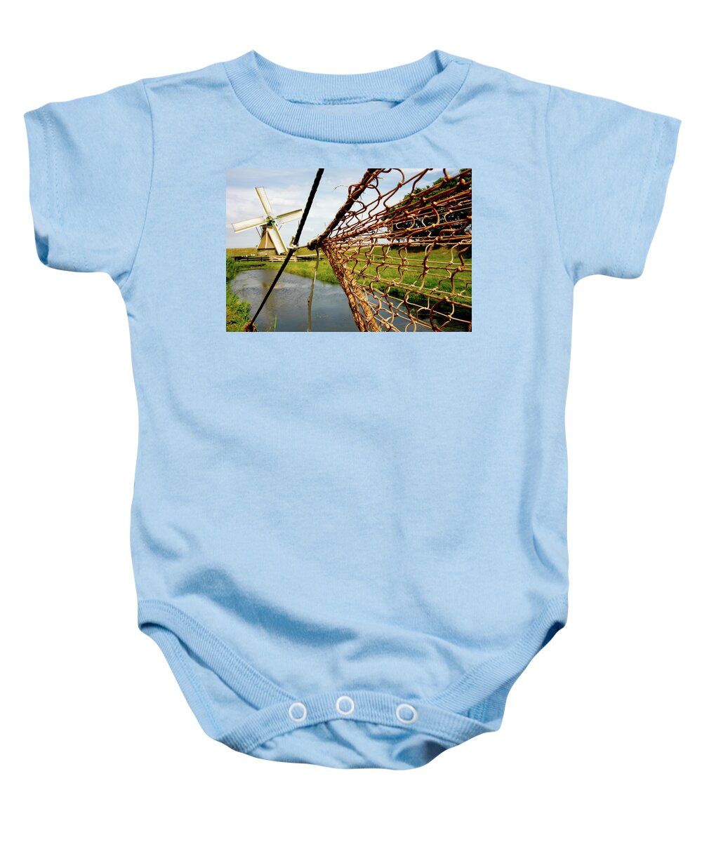 Enkhuizen Baby Onesie featuring the photograph Enkhuizen Windmill and Nets by KG Thienemann