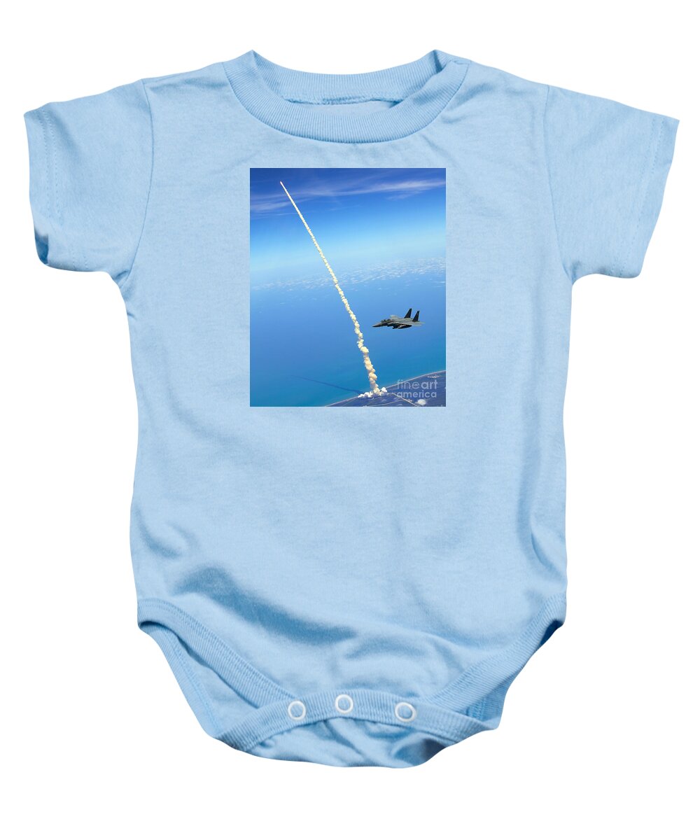 Atlantis Heads Into Space While A Pair Of F-15e Strike Eagle Jets Patrolled The Skies Over Kennedy Space Center. Baby Onesie featuring the painting F-15E Strike Eagle by Celestial Images
