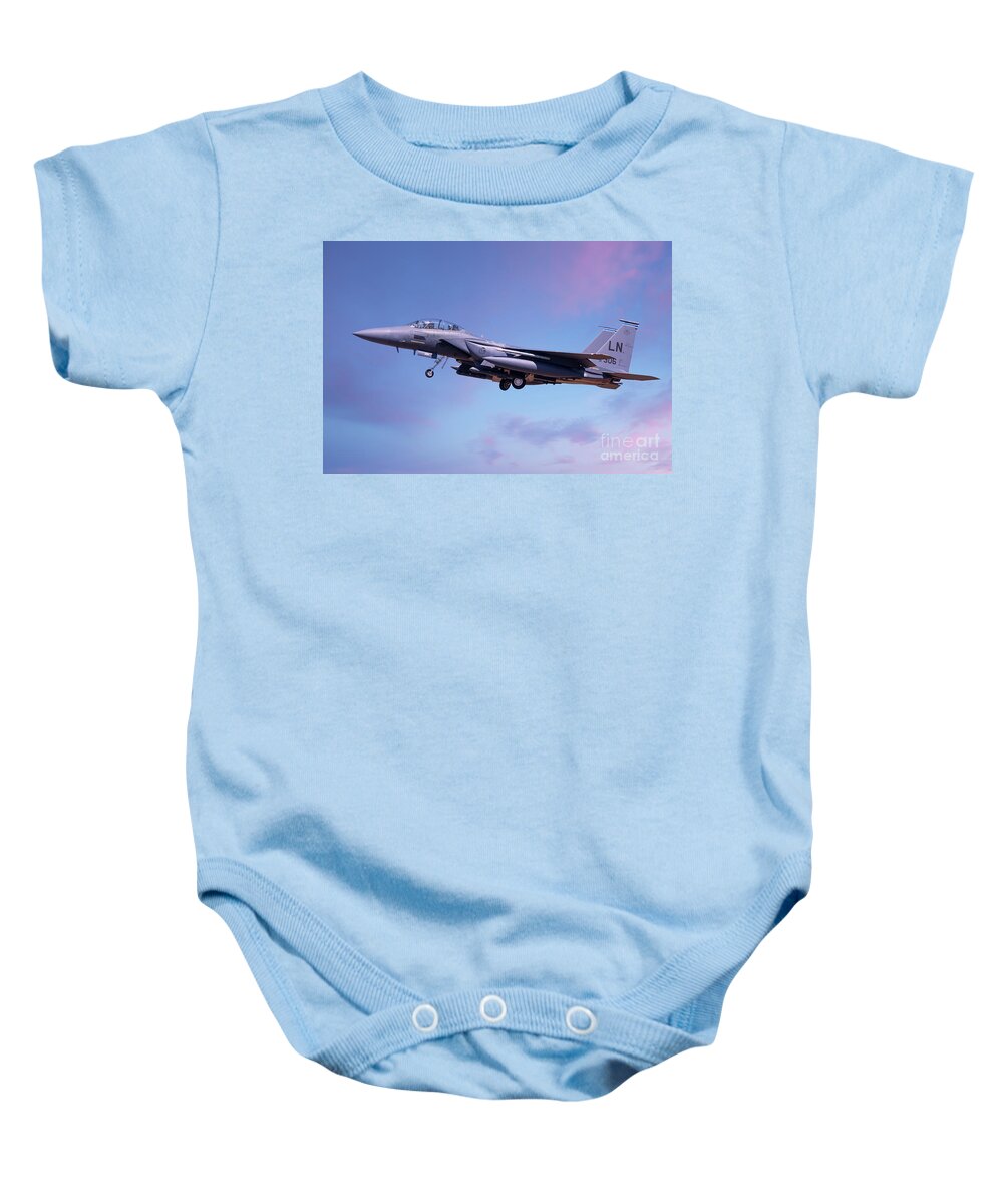 Usaf Baby Onesie featuring the photograph F15 coming into land lowering landing gear by Simon Bratt