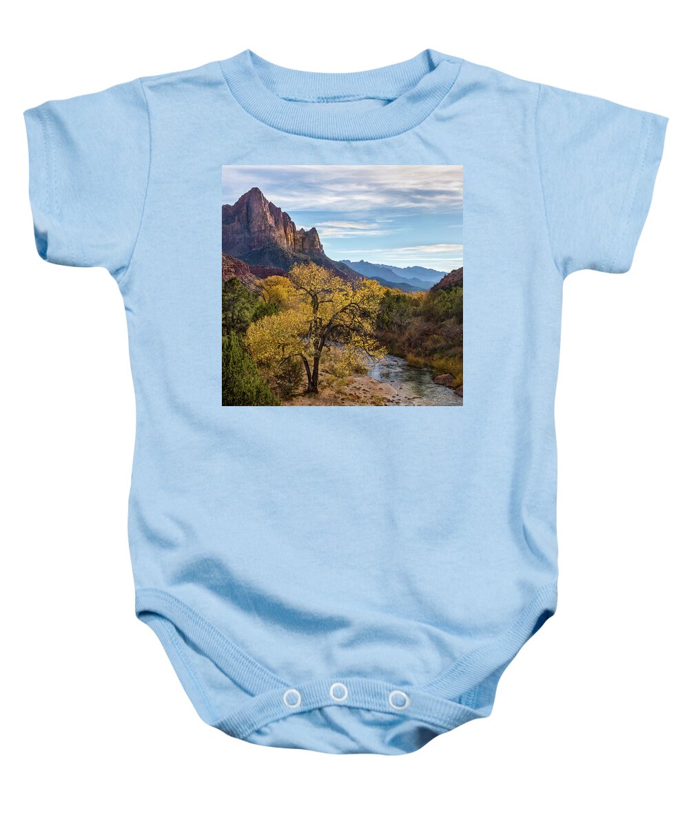 Watchman Tower Baby Onesie featuring the photograph Fall Evening at Zion by James Woody