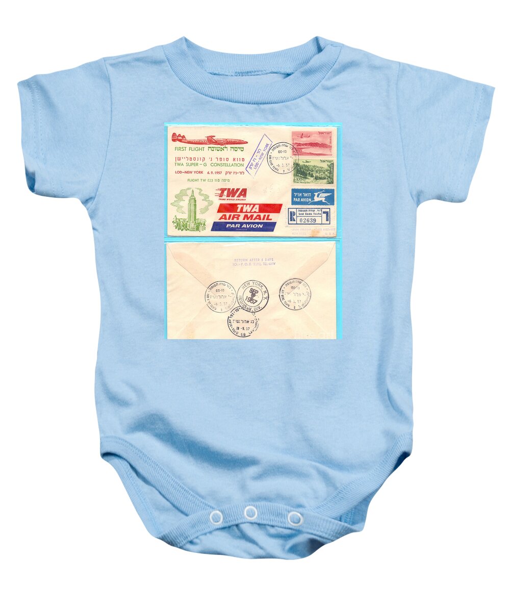 First Baby Onesie featuring the photograph First Flight Lod to New York by Ilan Rosen