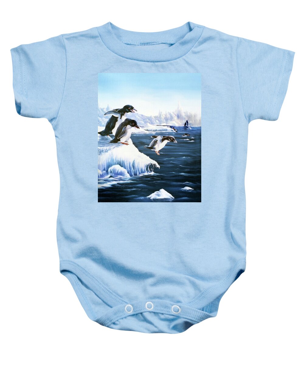 Antarctica Baby Onesie featuring the painting First Leap by Anthony DiNicola