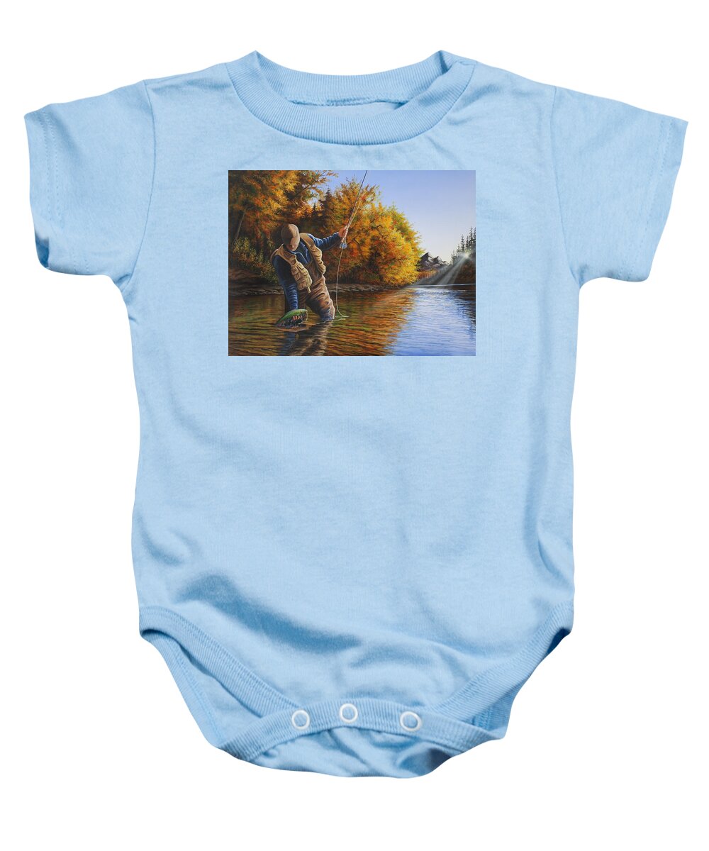 Fly Fishing Baby Onesie featuring the painting Fisherman by Anthony J Padgett