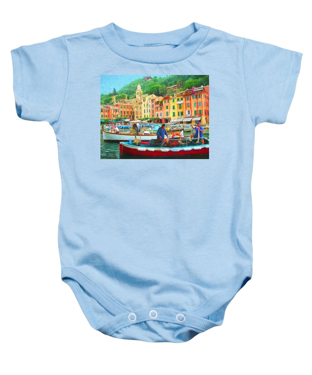 Painting Baby Onesie featuring the painting Fishermen in Portofino by Mitchell R Grosky